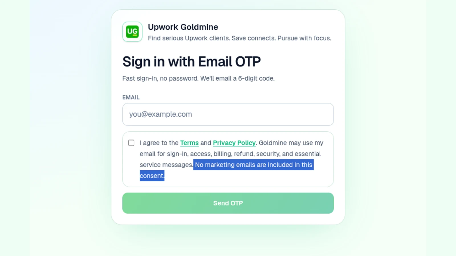 Upwork Goldmine login consent screenshot
