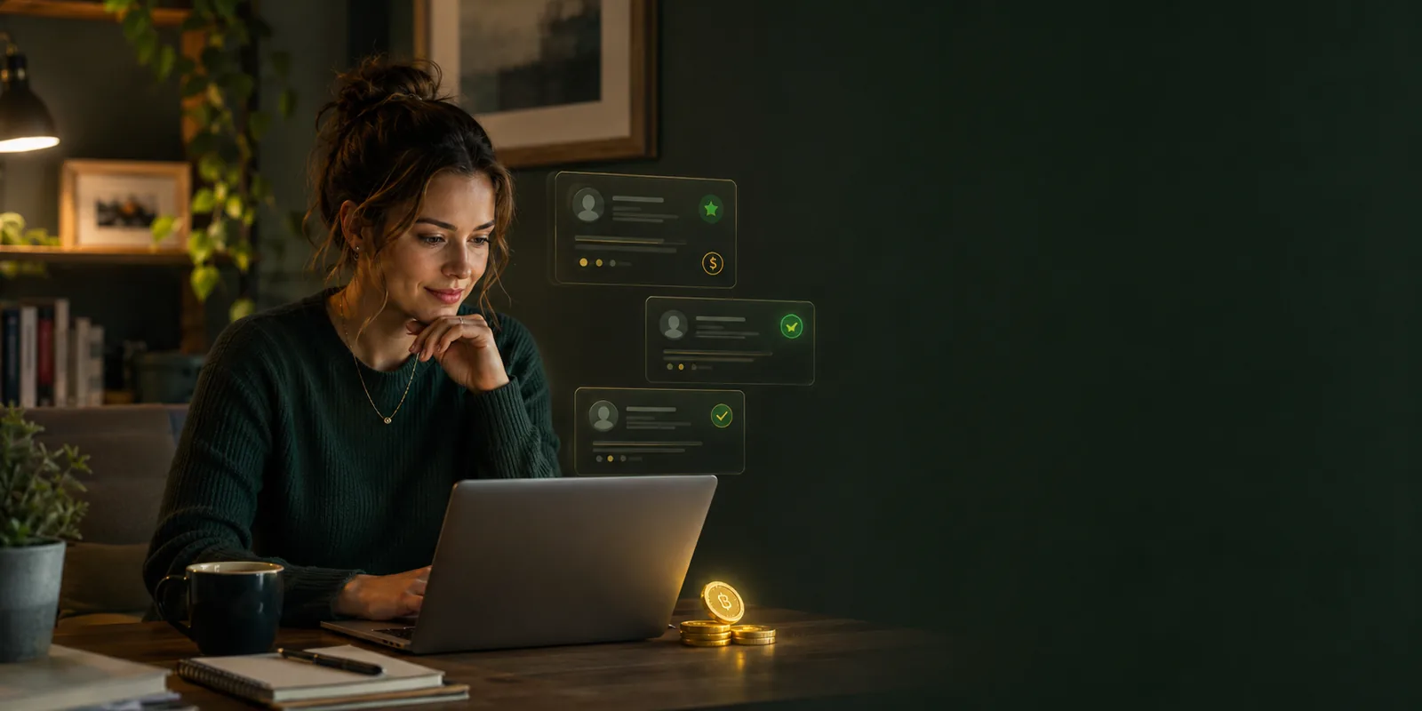 Freelancer calmly reviewing client-signal cards before spending Upwork Connects