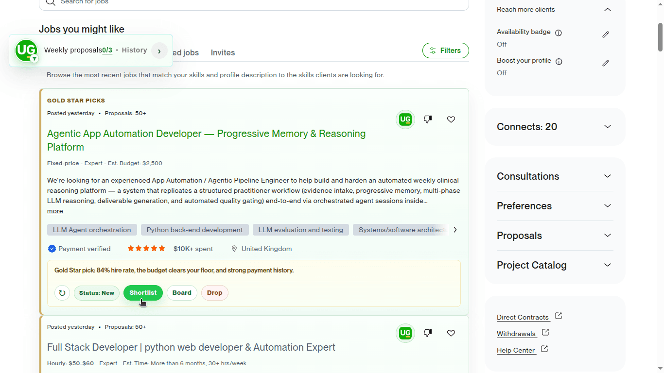 Goldmine Gold Star pick showing an explainable recommendation and Shortlist, Board, and Drop actions inside Upwork