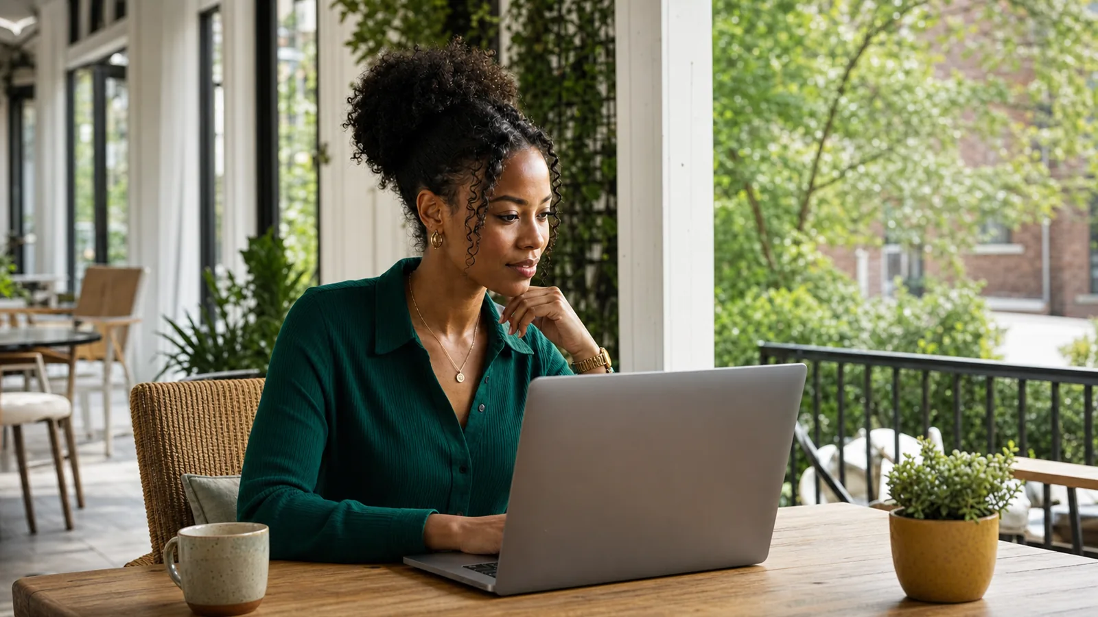 Freelance professional evaluating opportunities from a bright terrace workspace as AI changes the market