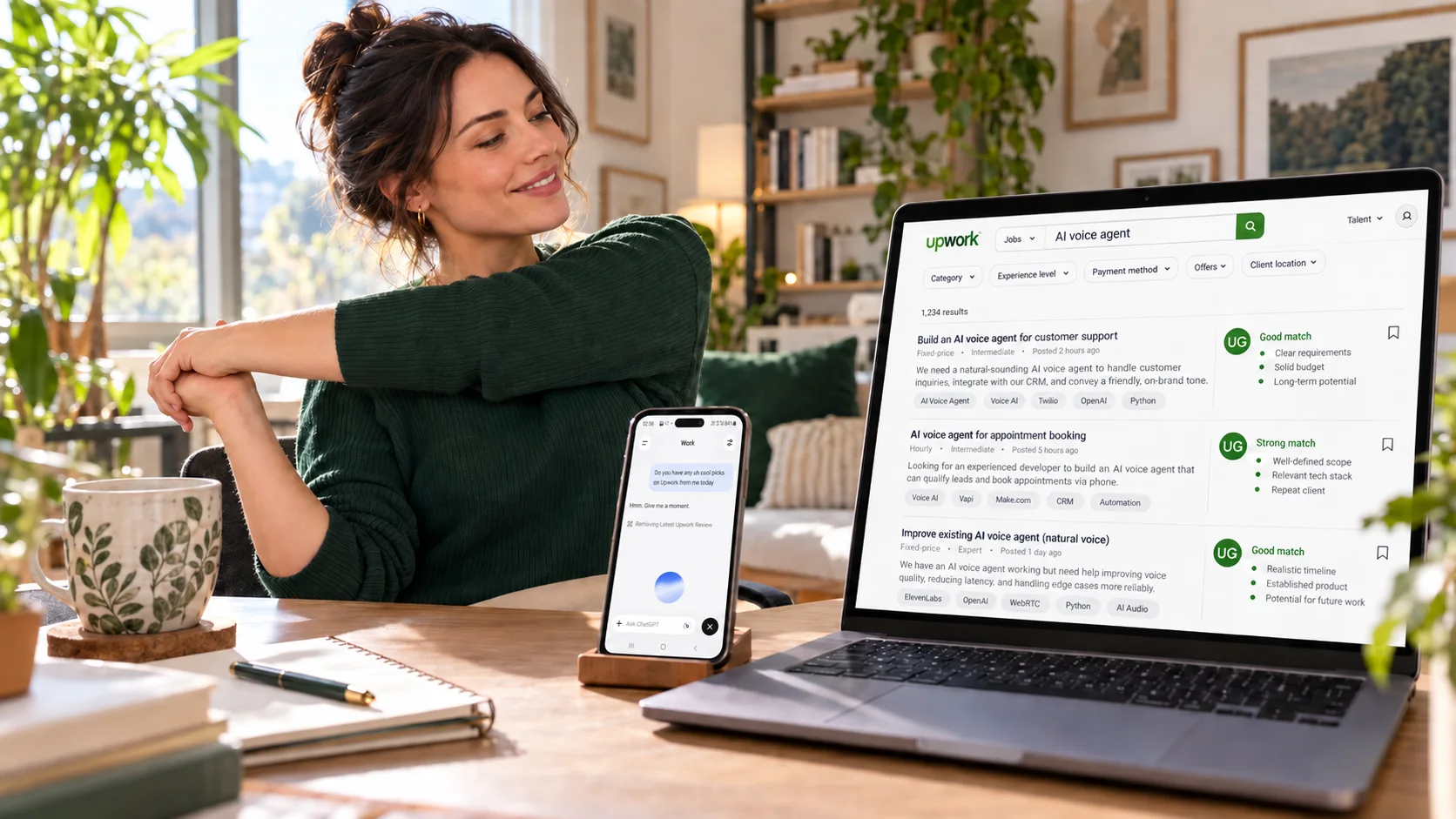 Illustrative scene of a freelancer asking ChatGPT Live about Upwork picks while Goldmine reviews AI voice agent jobs in Chrome; the voice screen follows a real user session.