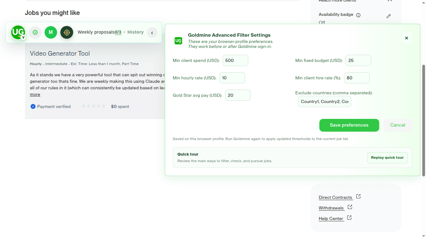 Goldmine settings for minimum client spend, budget, hourly rate, hire rate, average pay, and excluded countries