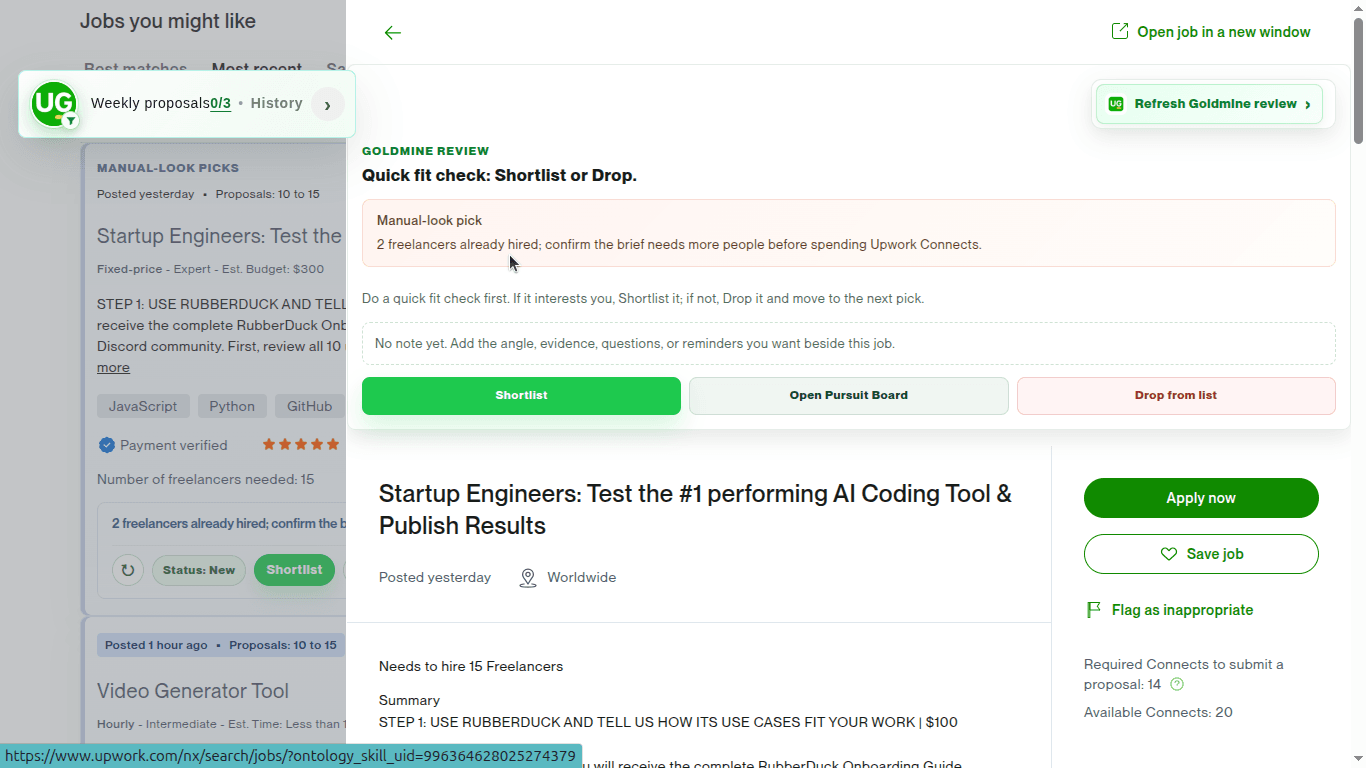 Goldmine review panel on an open Upwork job showing a Manual-Look recommendation, reason, notes, and decision actions