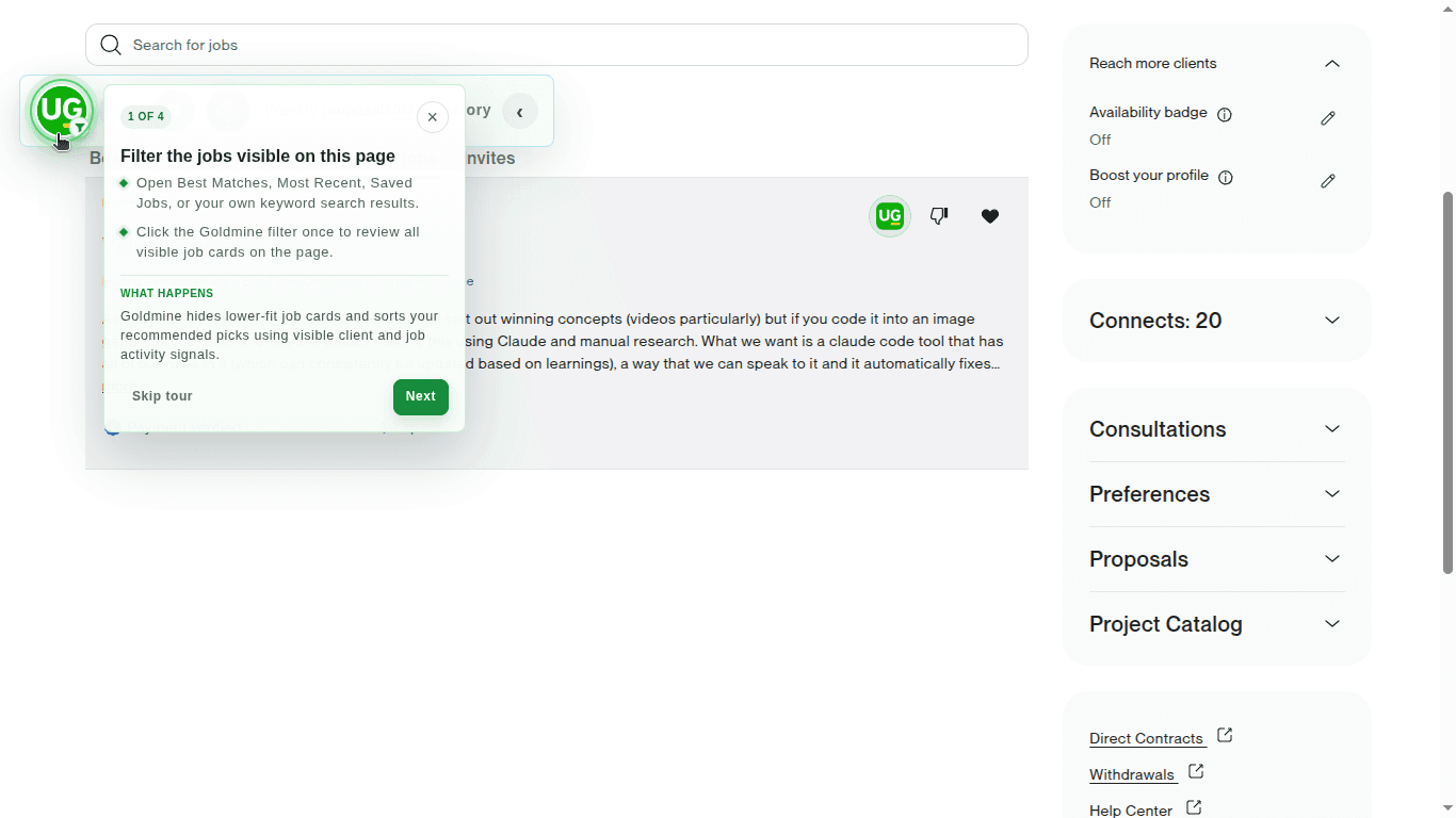 Goldmine quick tour explaining the page-level filter action on an Upwork job list