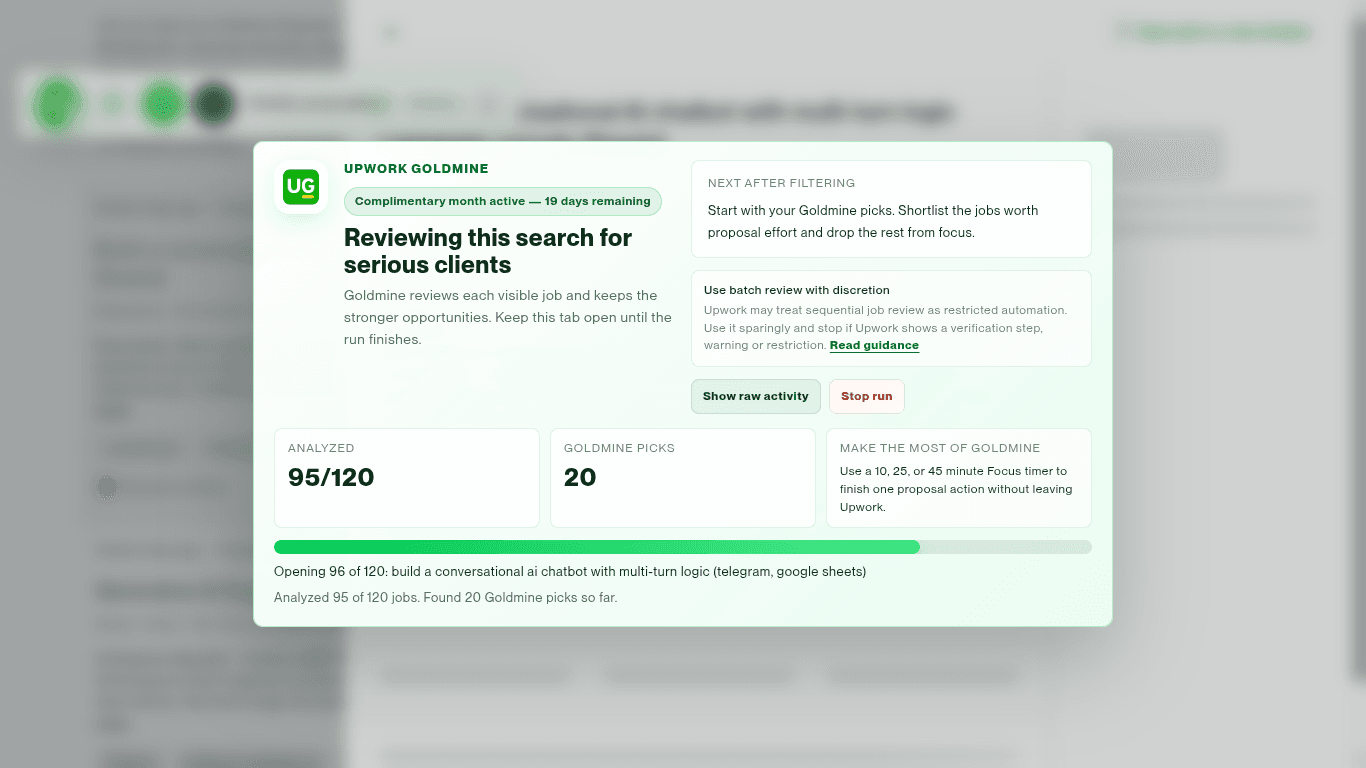 Goldmine page-level review progress showing analyzed jobs, current picks, raw activity, and stop controls