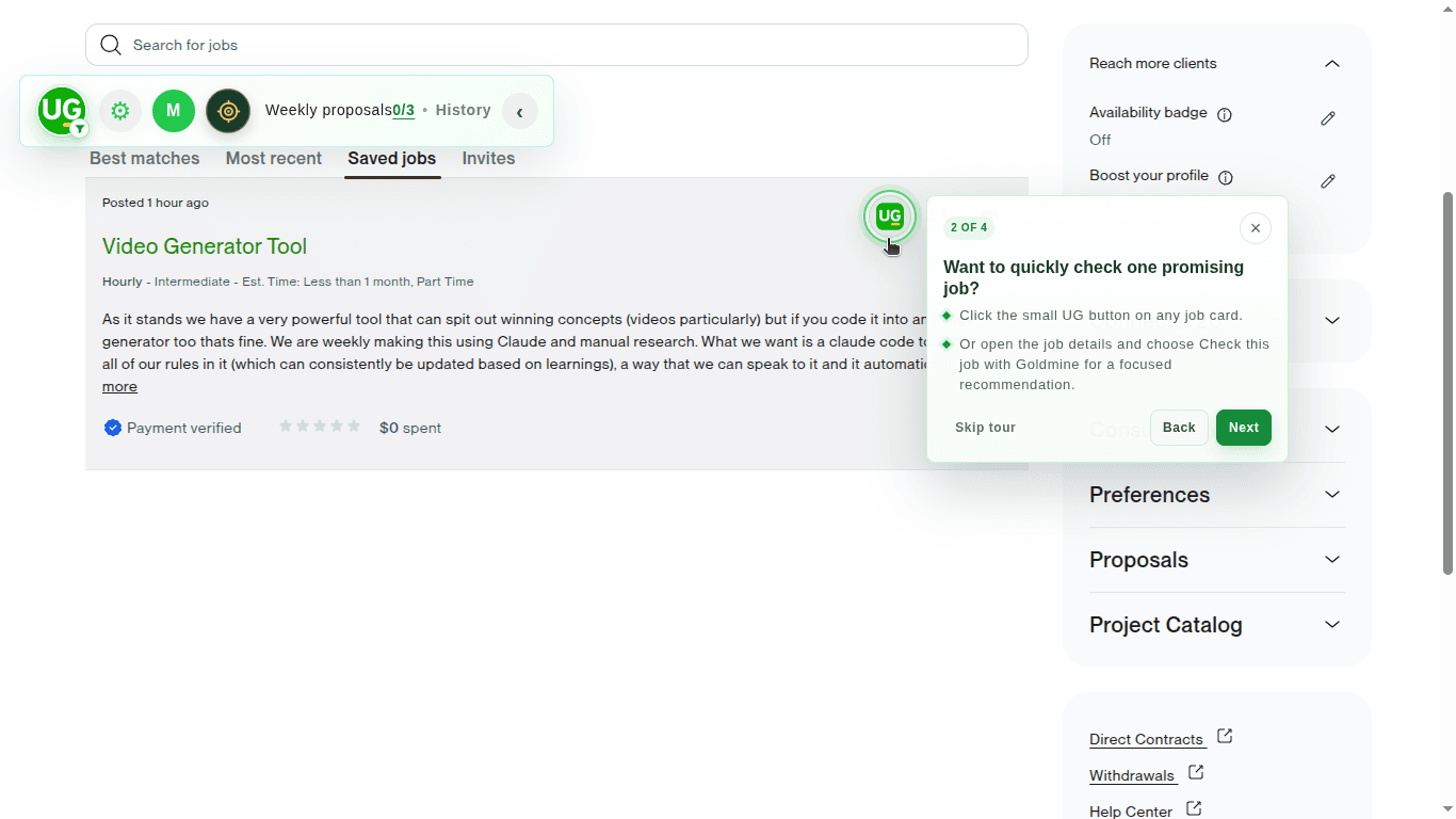 Goldmine quick tour highlighting the small UG action on an Upwork job card